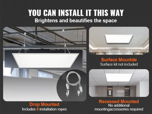 Opciones de instalación de iluminación de panel plano LED VEVOR: montaje en superficie, montaje empotrado.