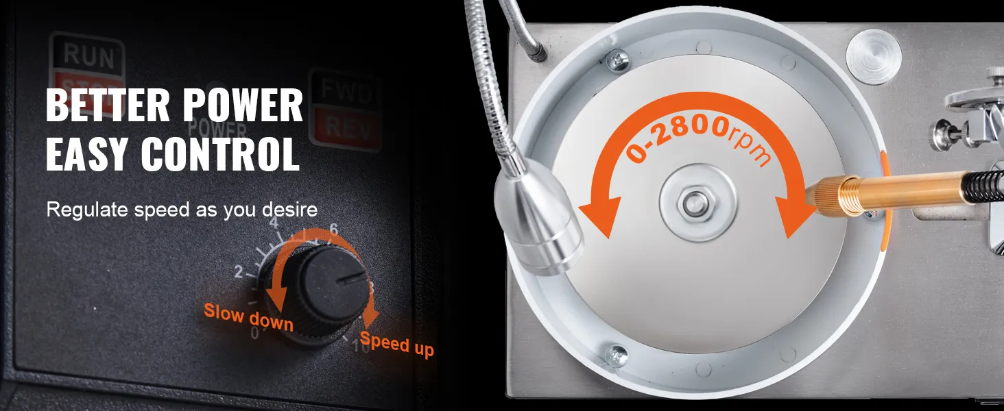 Máquina para facetar gemas VEVOR con perilla de control de velocidad ajustable (0-2800 rpm) para un corte preciso de gemas.