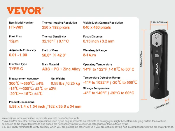 Dane techniczne kamery termowizyjnej VEVOR: ht-w01, 256x192, USB typu C, czułość 32,1°f, rozdzielczość światła widzialnego 640x480.