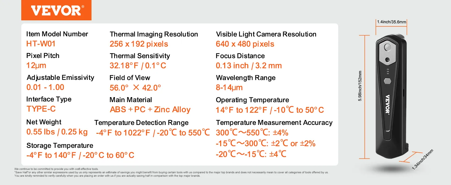 VEVOR thermal imaging camera specifications: ht-w01, 256x192, usb type-c, 32.1°f sensitivity, 640x480 visible resolution.