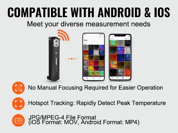 Kamera termowizyjna VEVOR kompatybilna z urządzeniami z systemem Android i iOS, śledzenie punktu dostępowego, brak konieczności ręcznego ustawiania ostrości.