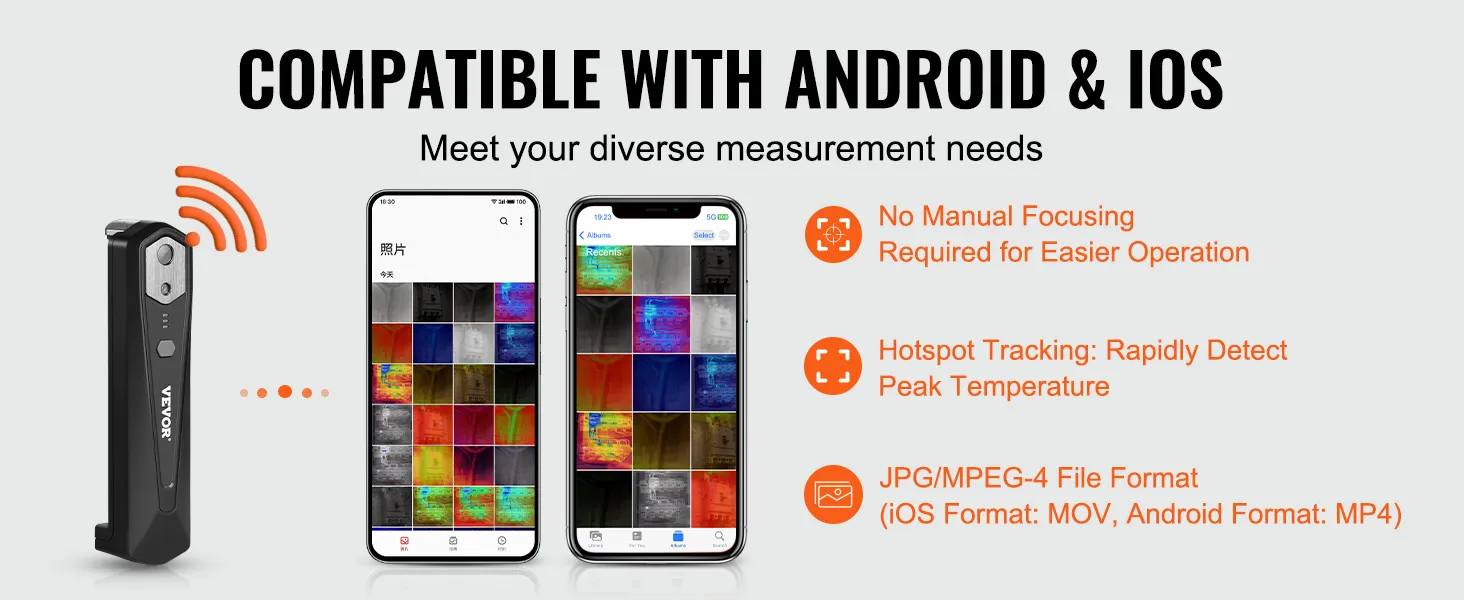 VEVOR thermal imaging camera compatible with android and ios devices, hotspot tracking, no manual focusing.