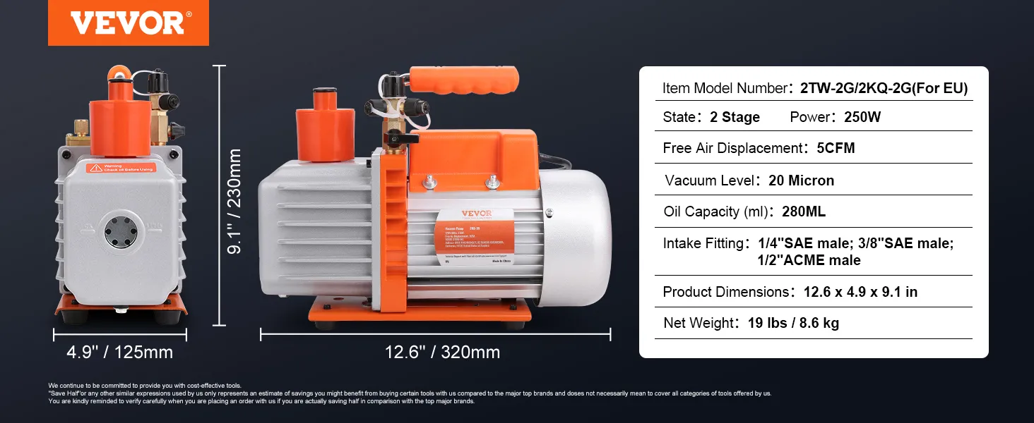 VEVOR hvac vacuum pump, 2-stage, 250w, 5cfm, 20 micron, 280ml oil, 12.6x4.9x9.1in, 19lbs.