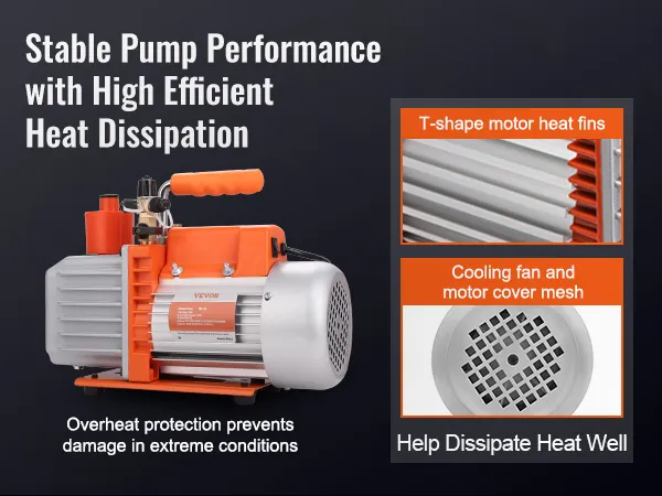 Pompa próżniowa VEVOR HVAC z żebrami chłodzącymi silnik w kształcie litery T i wentylatorem chłodzącym zapewniającym efektywne odprowadzanie ciepła.