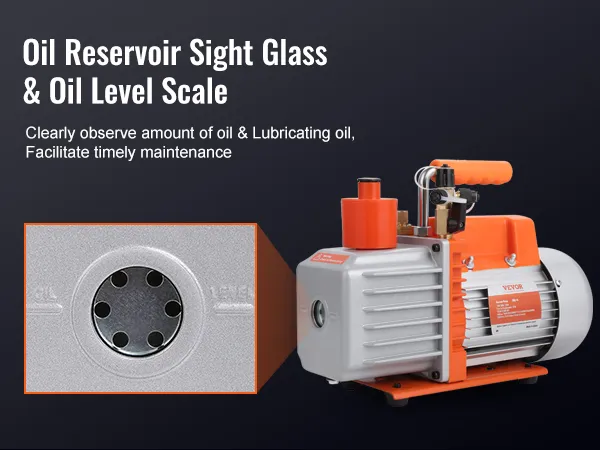 Pompa próżniowa VEVOR HVAC z wziernikiem zbiornika oleju i skalą poziomu oleju dla łatwej konserwacji.