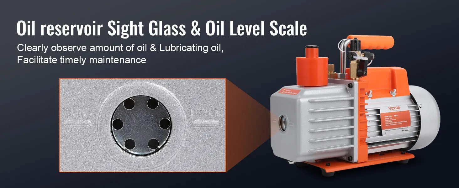 VEVOR hvac vacuum pump with oil reservoir sight glass and oil level scale for easy maintenance.