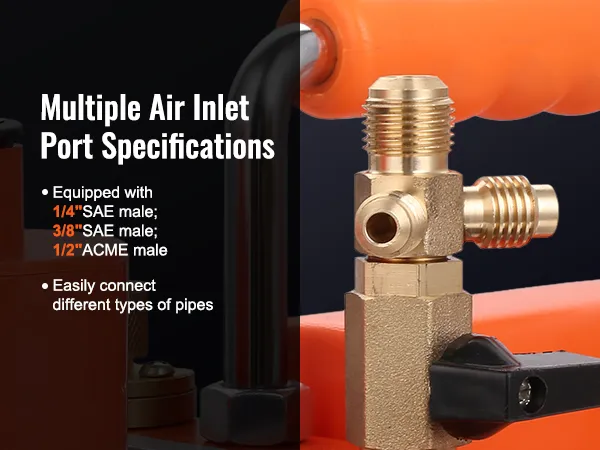 Zbliżenie portów wlotowych powietrza pompy próżniowej HVAC VEVOR z wieloma męskimi złączami SAE i ACME.