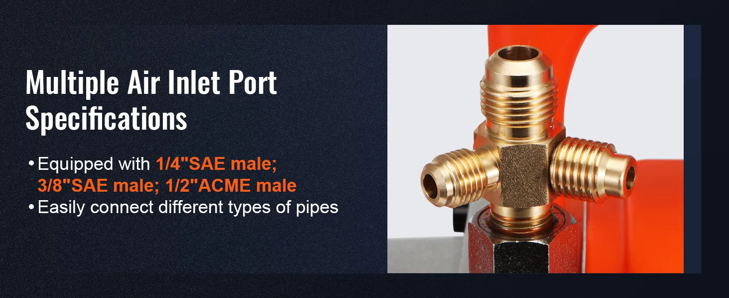 close-up of VEVOR hvac vacuum pump air inlet ports with multiple sae and acme male fittings.