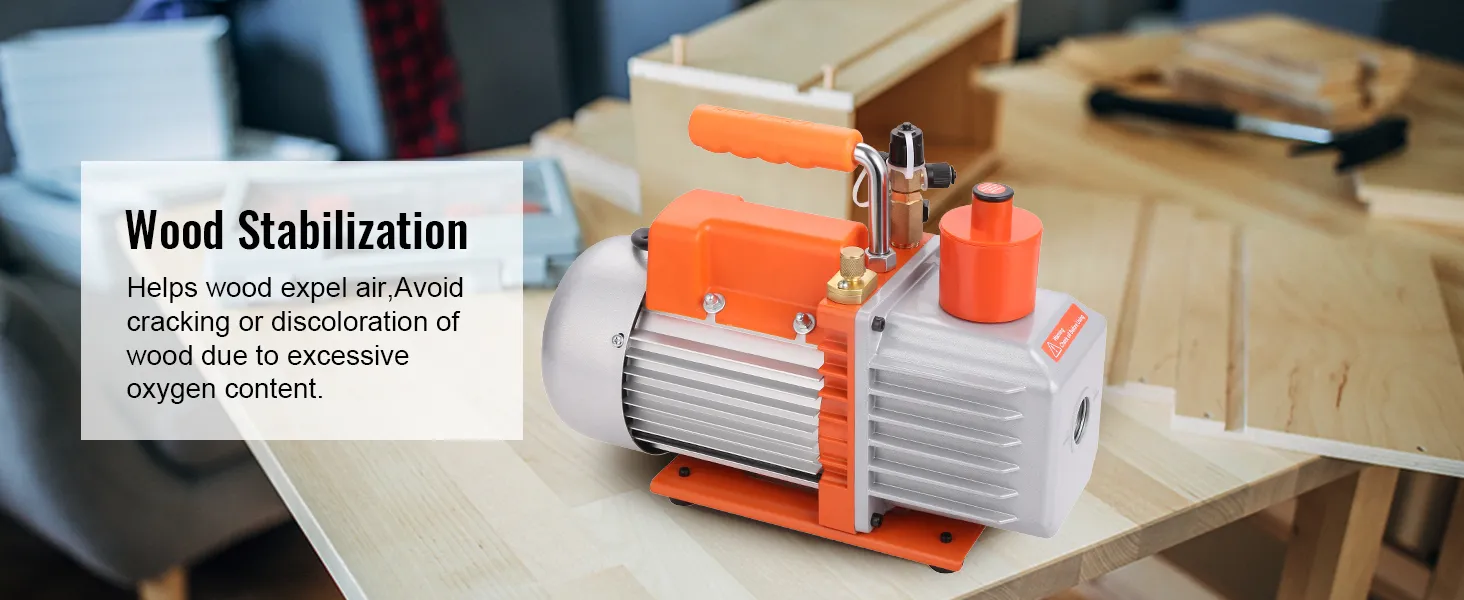 VEVOR hvac vacuum pump for wood stabilization on a workbench, preventing wood cracking.