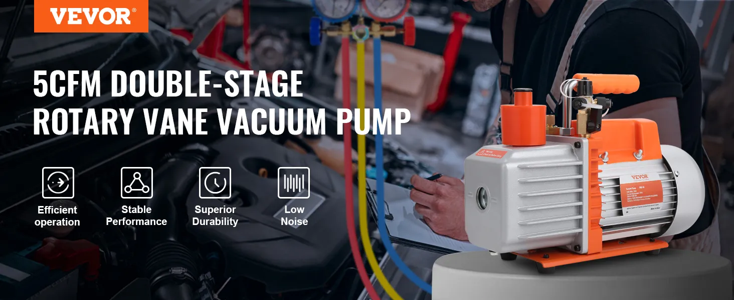 VEVOR hvac vacuum pump 5cfm double-stage rotary vane, efficient operation, stable performance.