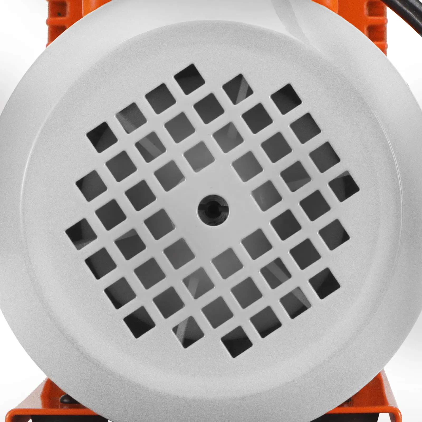 front grille view of a VEVOR hvac vacuum pump with orange casing and a white filter housing.