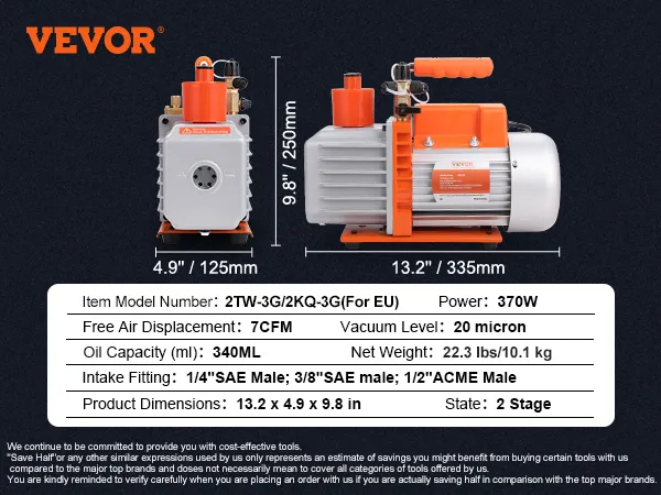 Especificaciones de la bomba de vacío HVAC VEVOR: 2 etapas, 370 W, 7 cfm, 20 micrones, capacidad de aceite de 340 ml, 22,3 libras.