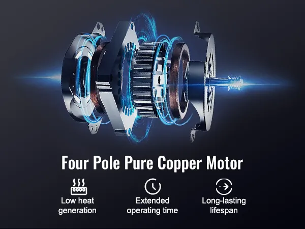 Motor de cobre puro de cuatro polos: baja generación de calor, tiempo de funcionamiento prolongado, vida útil duradera.