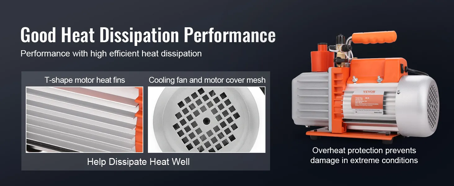 Bomba de vacío HVAC VEVOR con disipación de calor mejorada a través de aletas de motor en forma de T y malla de ventilador de enfriamiento.
