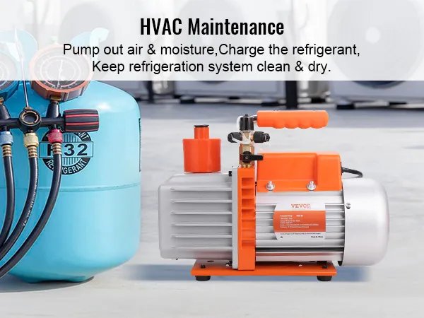 Bomba de vacío HVAC VEVOR utilizada para mantenimiento junto con el tanque de refrigerante y las unidades de aire acondicionado exteriores.