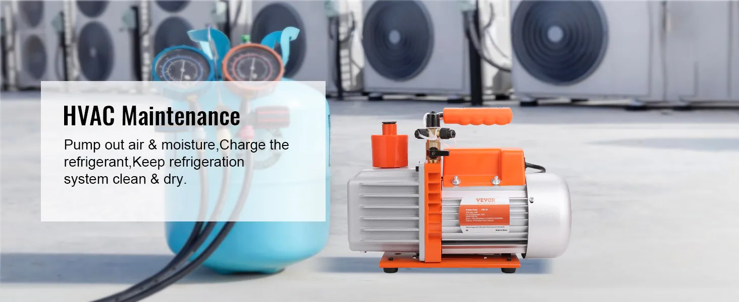 Bomba de vacío HVAC VEVOR utilizada para mantenimiento junto con el tanque de refrigerante y las unidades de aire acondicionado exteriores.