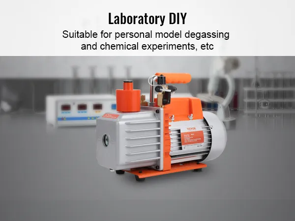 Bomba de vacío VEVOR HVAC en un entorno de laboratorio, ideal para proyectos de bricolaje y experimentos químicos.