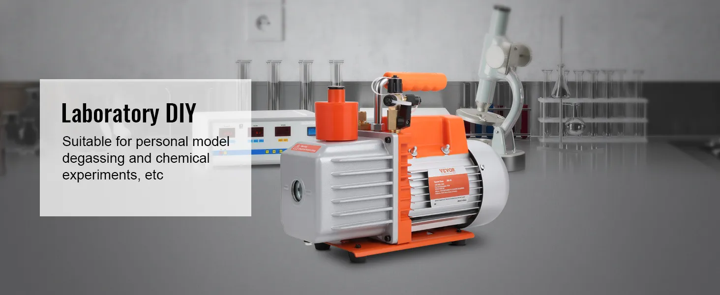 Bomba de vacío VEVOR HVAC en un entorno de laboratorio, ideal para proyectos de bricolaje y experimentos químicos.