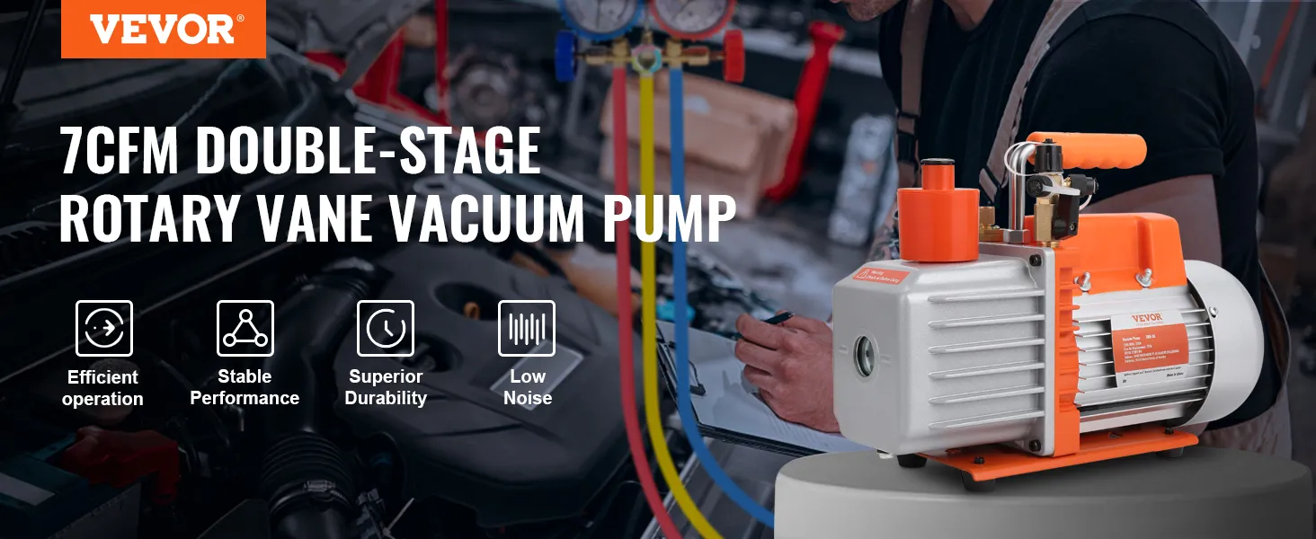Bomba de vacío HVAC VEVOR en uso, destacando su funcionamiento eficiente, rendimiento estable y bajo nivel de ruido.