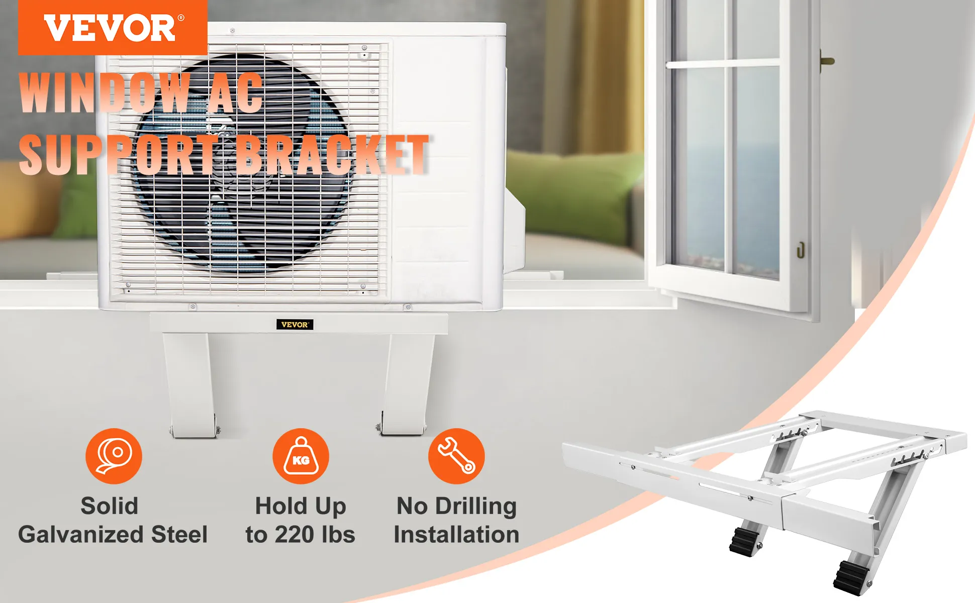 VEVOR air conditioner support bracket for window ac with solid galvanized steel, 220 lbs capacity, no drilling.