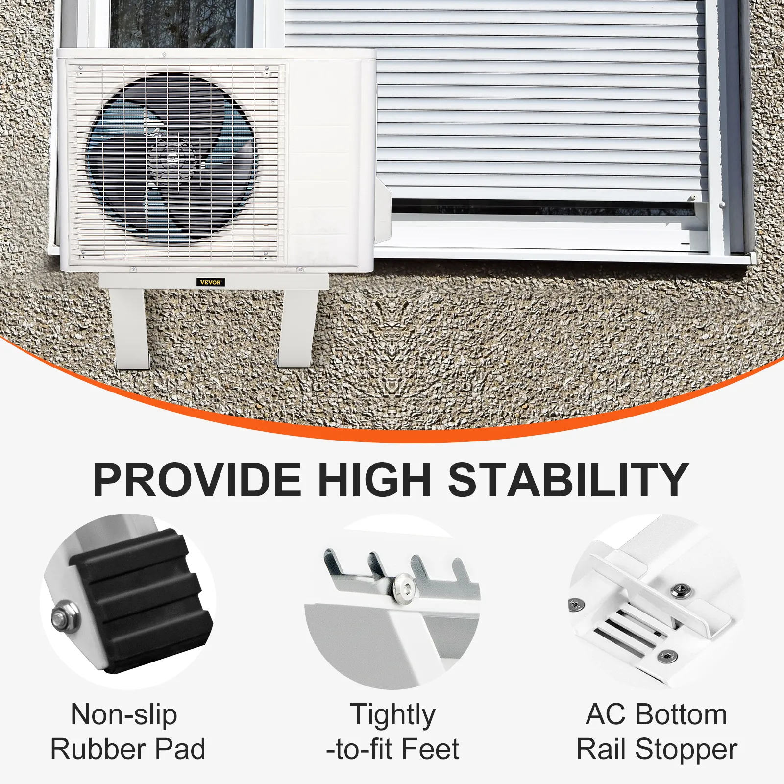 VEVOR air conditioner support bracket with non-slip rubber pad, tightly-to-fit feet, and ac bottom rail stopper.