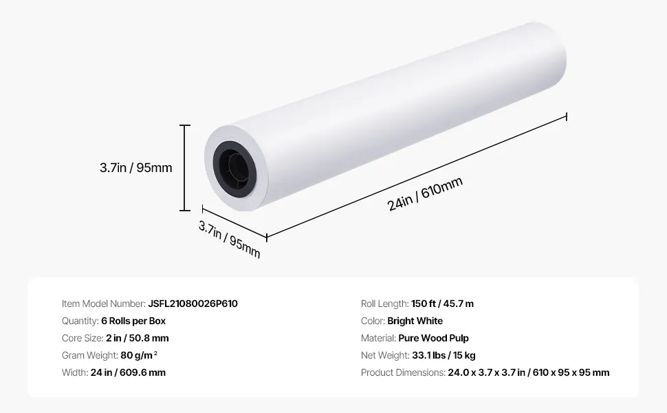 Wide Format Bond Paper 24''x 150', 4 Rolls, Goefun CAD Paper Rolls, 20lb Plotter