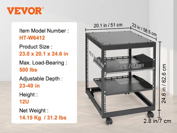 VEVOR server rack ht-w6412, 12u, 23 x 20.1 x 24.6 in, 500 lbs load, adjustable depth 23-40 in.