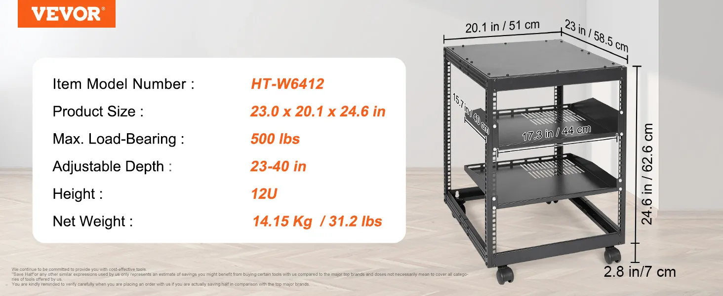 VEVOR server rack ht-w6412, 12u, 23 x 20.1 x 24.6 in, 500 lbs load, adjustable depth 23-40 in.