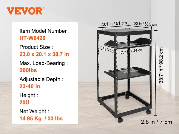 VEVOR server rack dimensions: 23 x 20.1 x 38.7 inches, max load-bearing 500 lbs, adjustable depth 23-40 inches.