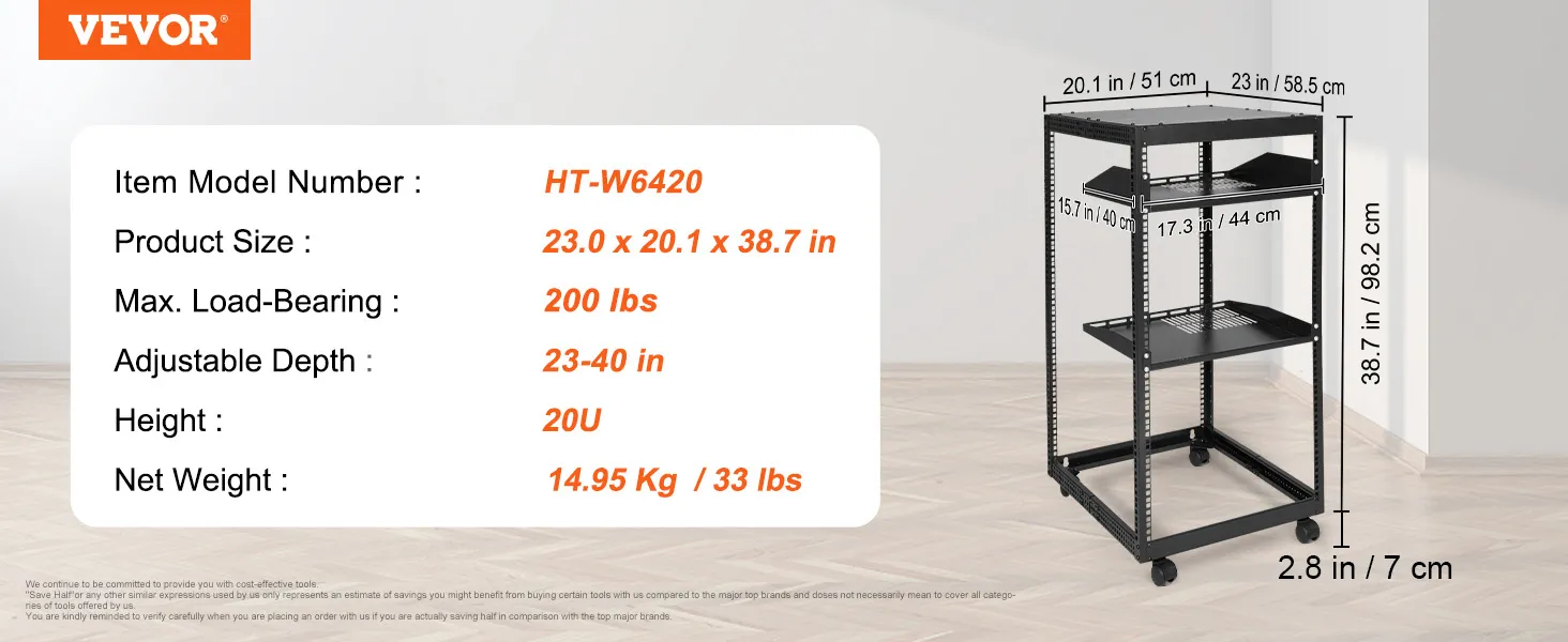 VEVOR server rack dimensions: 23 x 20.1 x 38.7 inches, max load-bearing 500 lbs, adjustable depth 23-40 inches.