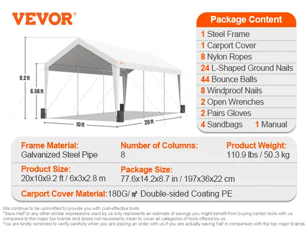 VEVOR-Carport: Robuster weißer Carport mit verzinktem Stahlrahmen, 10 x 20 x 9,3 Fuß. Paket enthält Abdeckung und Werkzeuge.