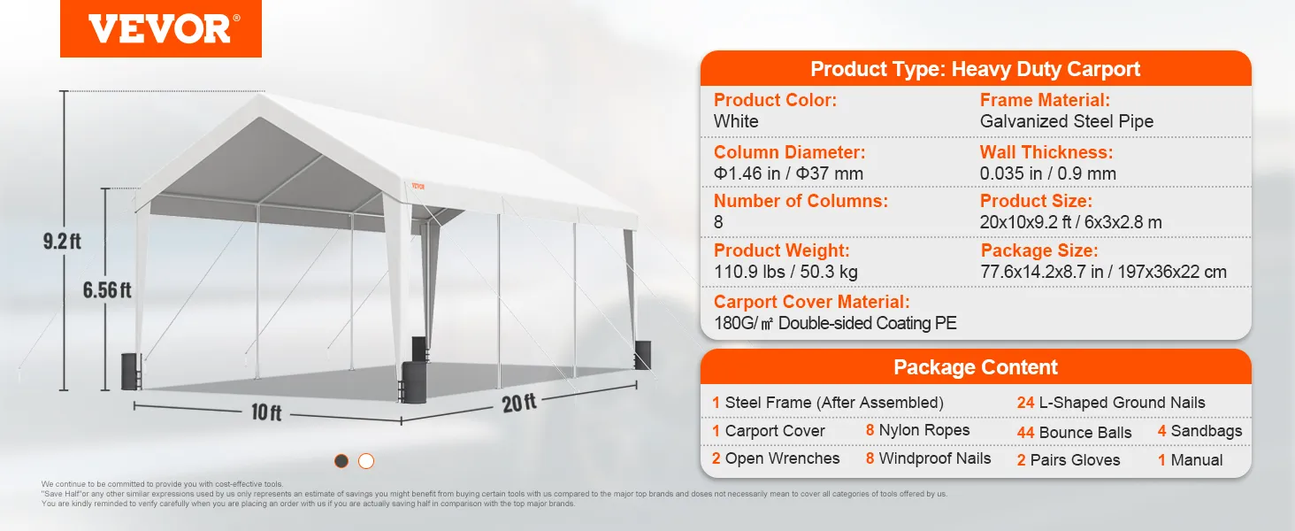 VEVOR-Carport: Robuster weißer Carport mit verzinktem Stahlrahmen, 10 x 20 x 9,3 Fuß. Paket enthält Abdeckung und Werkzeuge.