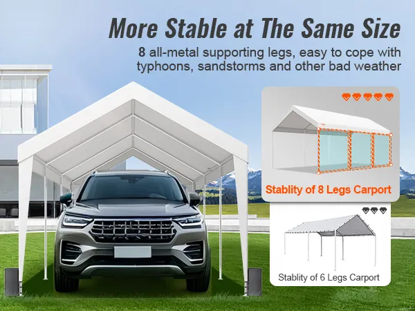 VEVOR-Carport mit 8 Metallbeinen, rotem Wagen unter weißer Abdeckung, langlebig bei extremen Wetterbedingungen.