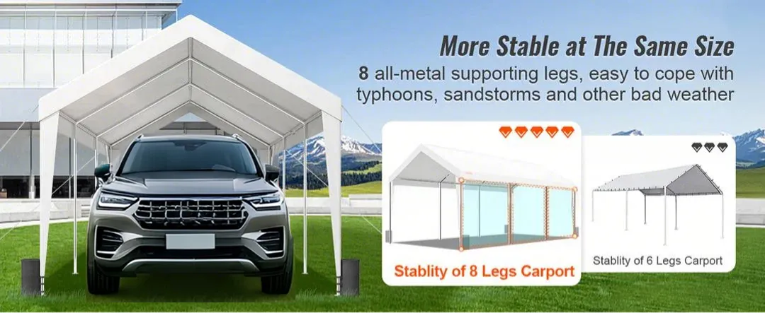 VEVOR-Carport mit 8 Metallbeinen, rotem Wagen unter weißer Abdeckung, langlebig bei extremen Wetterbedingungen.