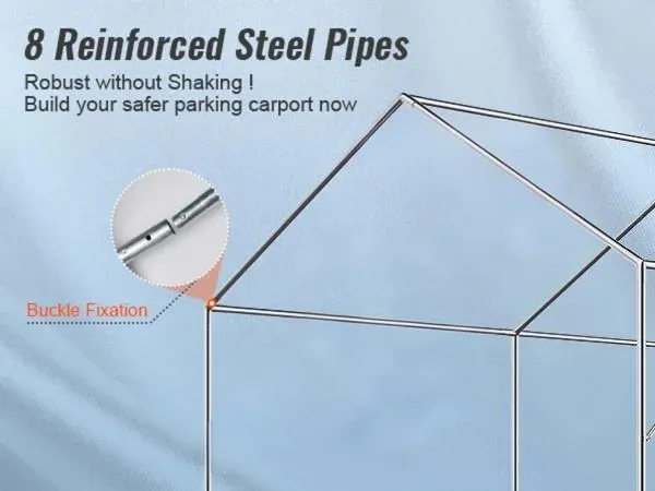 8 verstärkte Stahlrohre im VEVOR-Carport mit Schnallenfixierung, verstärkter Oberseite und soliden Seiten.