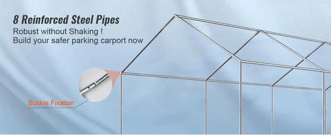 8 verstärkte Stahlrohre im VEVOR-Carport mit Schnallenfixierung, verstärkter Oberseite und soliden Seiten.