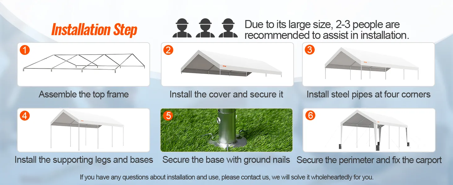 Zu den Installationsschritten für den VEVOR-Carport gehören die Montage des Rahmens, die Befestigung der Balken und die Installation der Abdeckung.