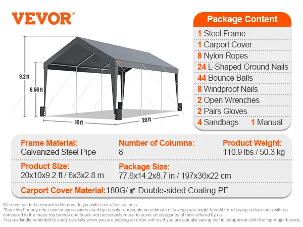 VEVOR carport heavy-duty, dark gray, galvanized steel frame, 10x20 ft, with accessories listed on the side.