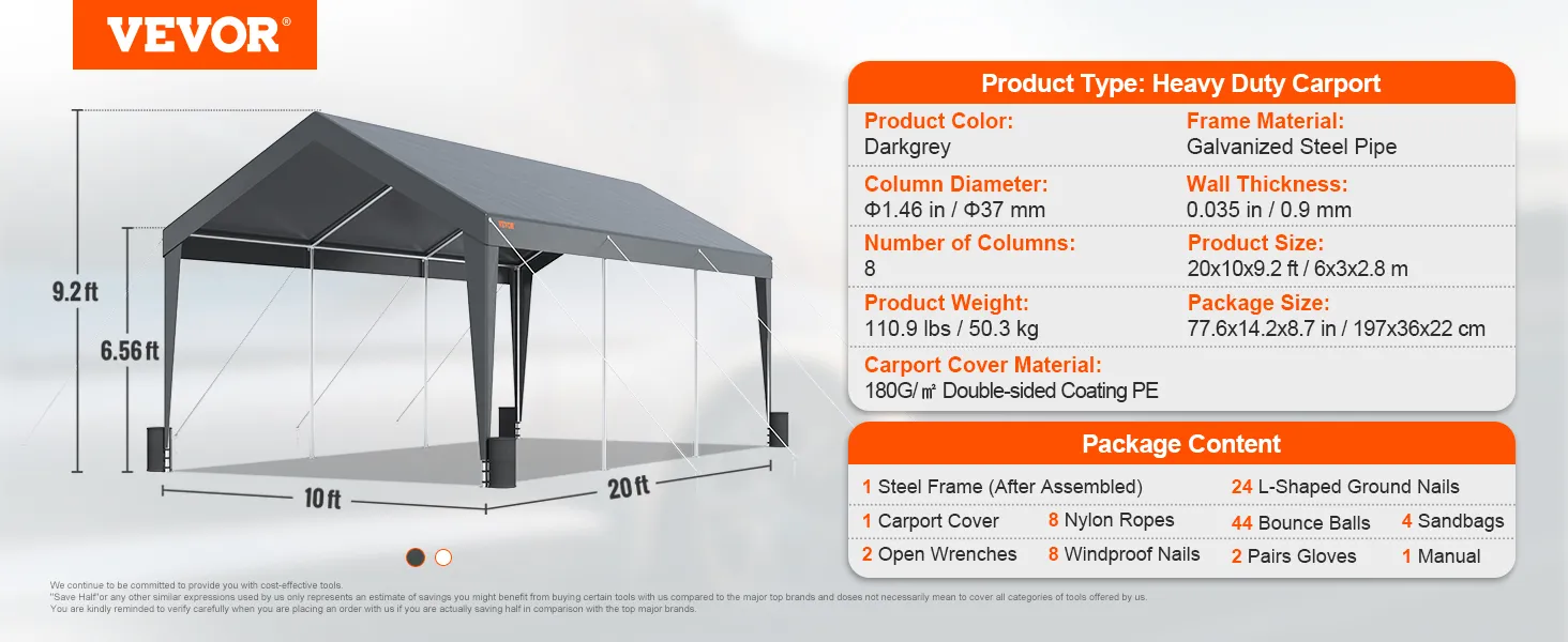 VEVOR carport heavy-duty, dark gray, galvanized steel frame, 10x20 ft, with accessories listed on the side.