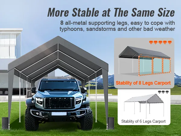 VEVOR carport with 8 all-metal supporting legs, stable in bad weather, housing a red truck.