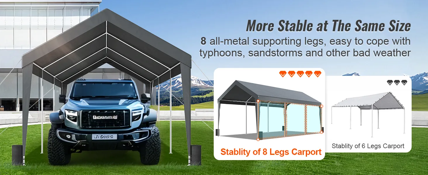 VEVOR carport with 8 all-metal supporting legs, stable in bad weather, housing a red truck.