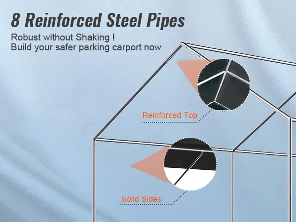 8 reinforced steel pipes and buckle fixation for VEVOR carport with reinforced top and solid sides.