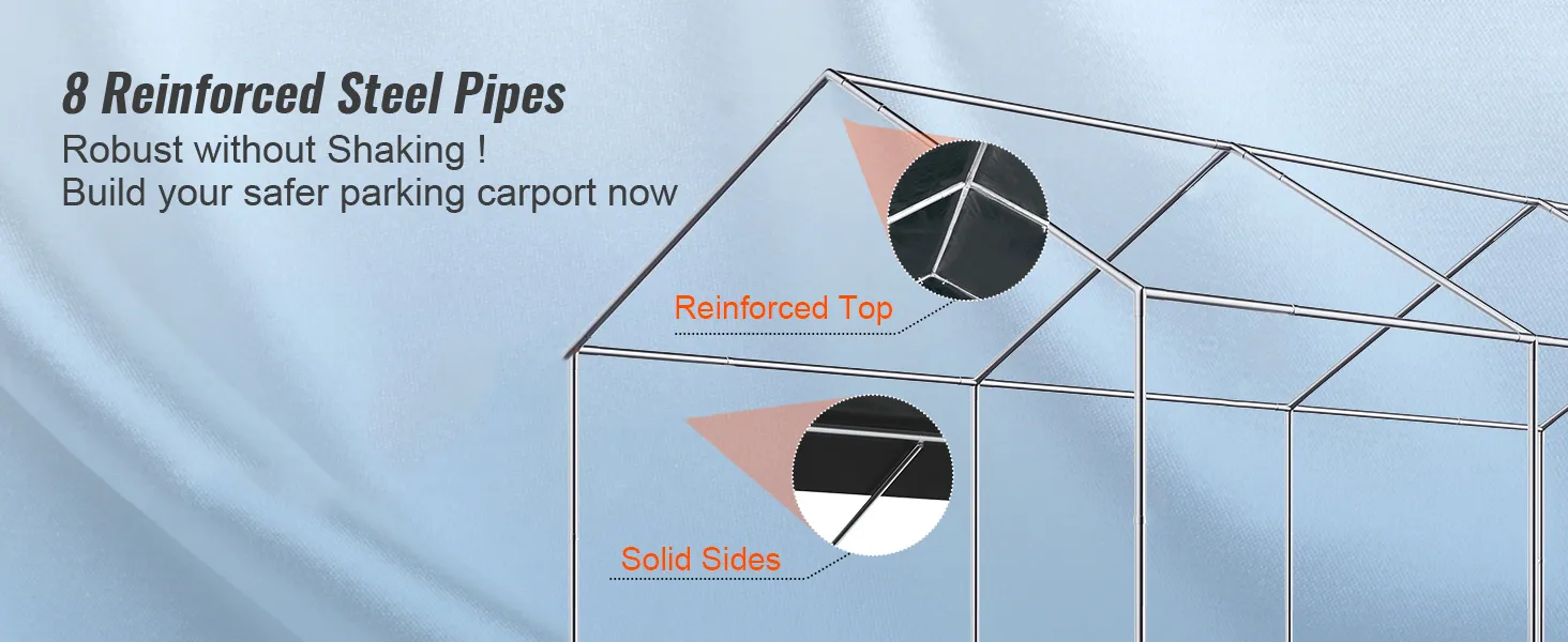 8 reinforced steel pipes and buckle fixation for VEVOR carport with reinforced top and solid sides.