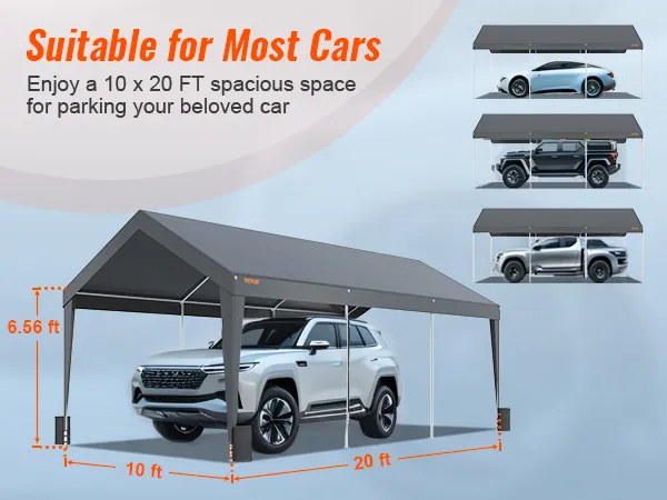 VEVOR carport with grey canopy, 10 x 20 ft size, suitable for various car models; durable and spacious.