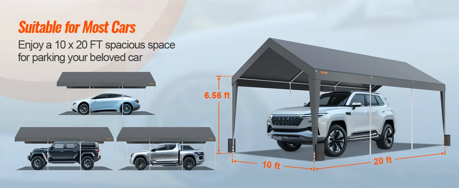 VEVOR carport with grey canopy, 10 x 20 ft size, suitable for various car models; durable and spacious.
