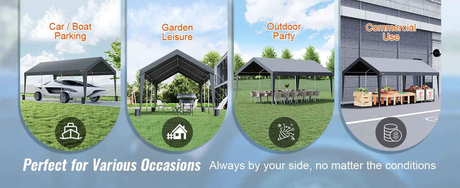VEVOR carport for car and boat parking, garden leisure, outdoor parties, and commercial use.