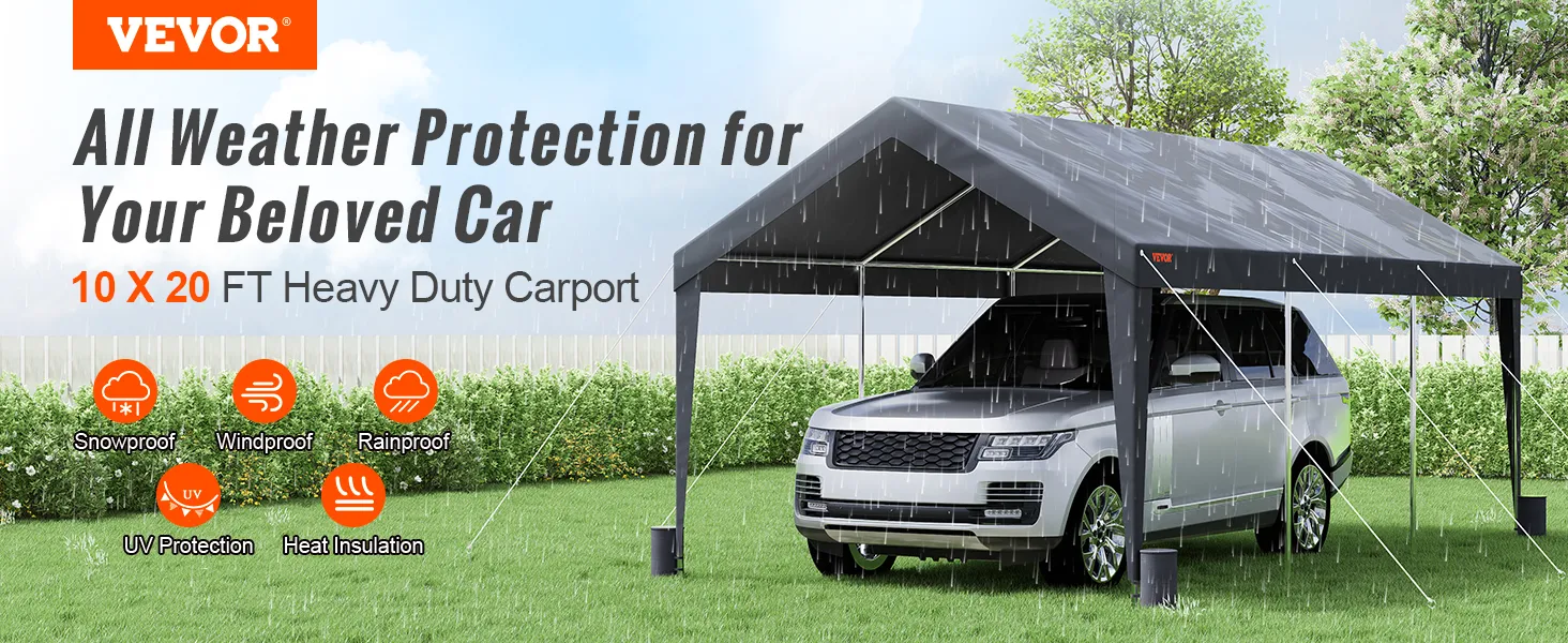 VEVOR carport 10x20 ft providing all-weather protection for cars, showcasing rain, uv, and wind resistance.