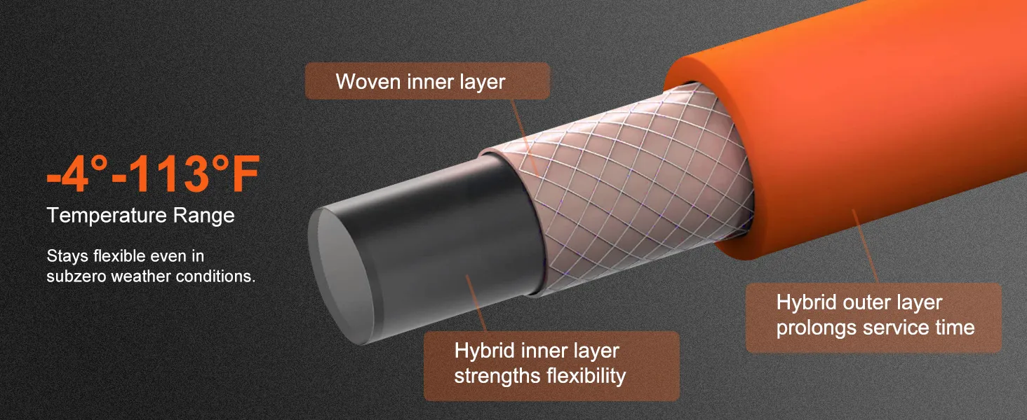 VEVOR air hose reel with woven inner layer, hybrid layers, and flexible from -4° to 113°f.