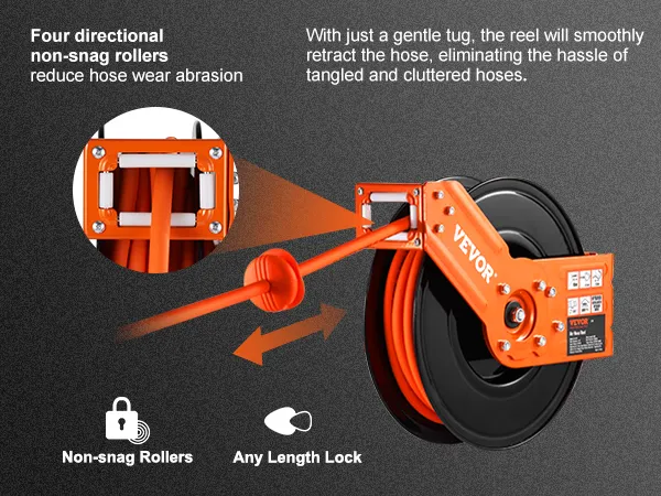 VEVOR air hose reel with non-snag rollers and length lock for smooth hose retraction and reduced wear.