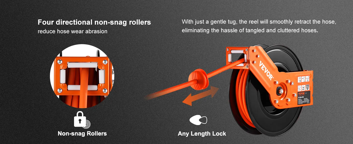 VEVOR air hose reel with non-snag rollers and length lock for smooth hose retraction and reduced wear.